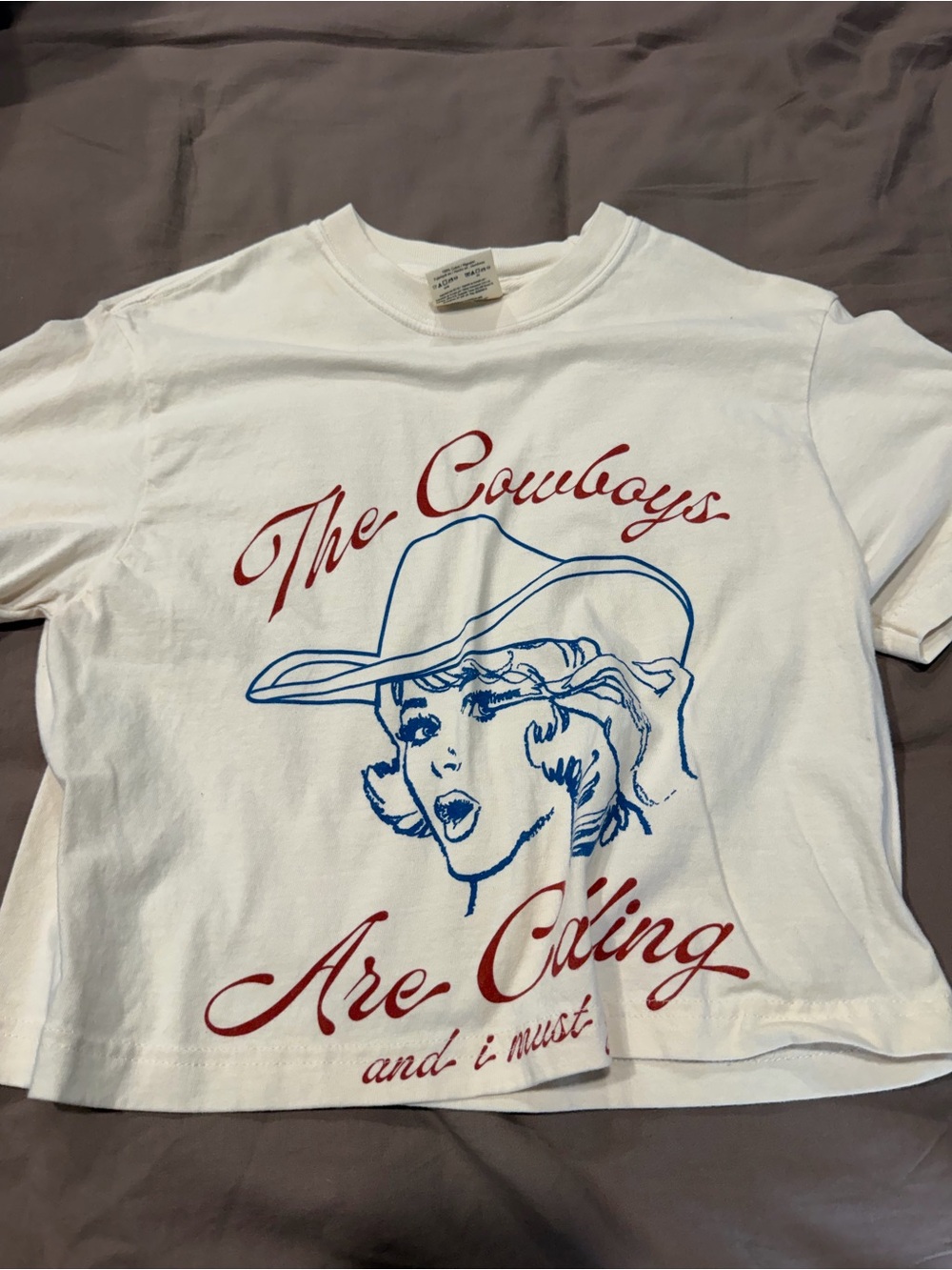 Comfort Colors White Tee with Red Script and Blue Cowboy Illustration